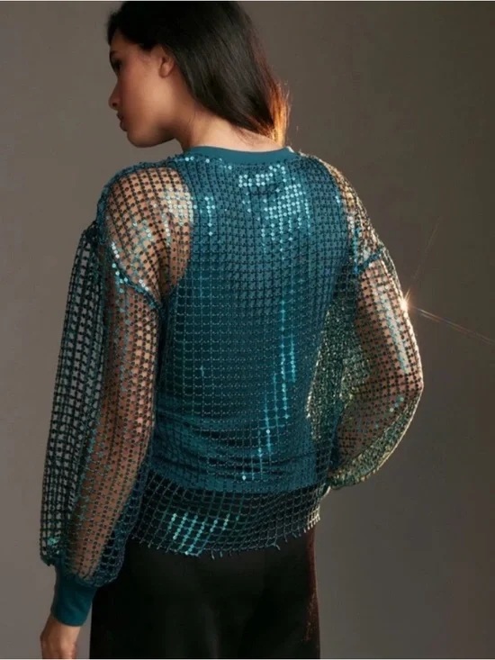 Pilcro Teal Sequin Mesh Jersey Long-Sleeve Top - Picture 2 of 16